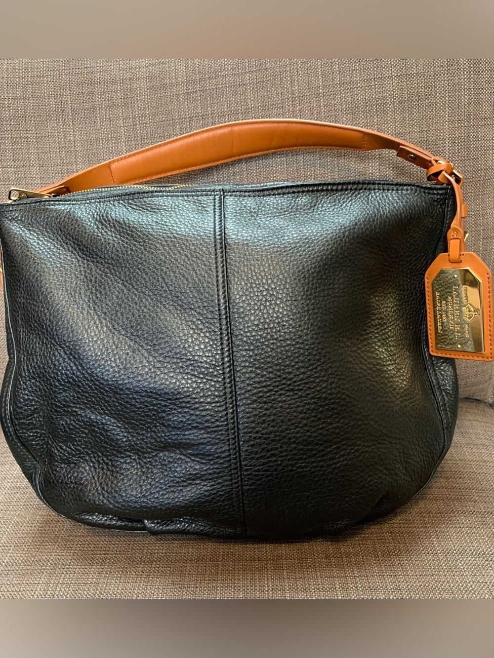 Lauren Ralph Lauren Black Pebbled Leather Hobo with Tan Handle